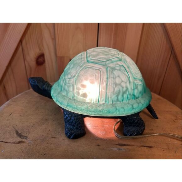VTG Turtle Lamp Night Light Green Glass Tortoise Shell Cast Metal Corded Works ( - Picture 1 of 7
